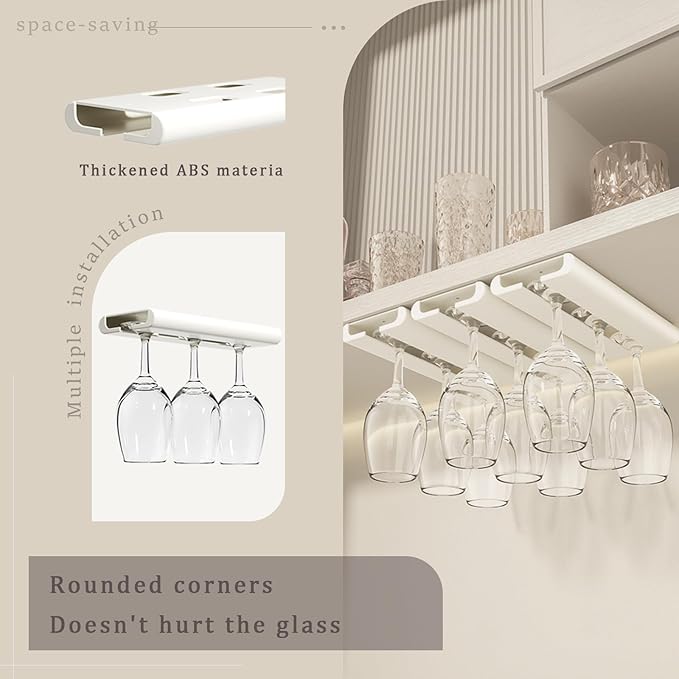4Pack Wine Glass Rack, Punch-free Under Cabinet Stemware Rack for Kitchen and Bar (White)