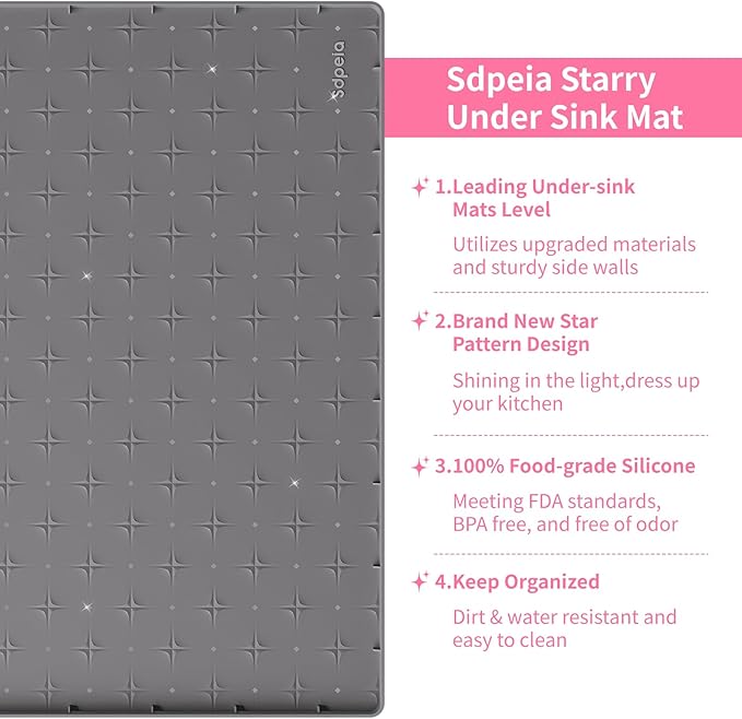 Sdpeia Under Sink Mat 22"×19" Waterproof Silicone Cabinet Liner & Sink Protector for Kitchen & Bathroom, Multi-Purpose Organizers Tray for Pets, Laundry, Cat Litter Mat,Gray