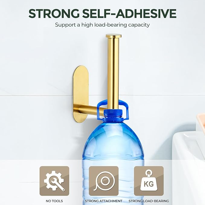 2 Pack Adhesive Toilet Roll Holder Stand - Gold SUS304 Stainless Steel, Rustproof Toilet Paper Holder No Drilling Tissue Holder for Kitchen Bathroom Wall Mount Bathroom Tissue Holder