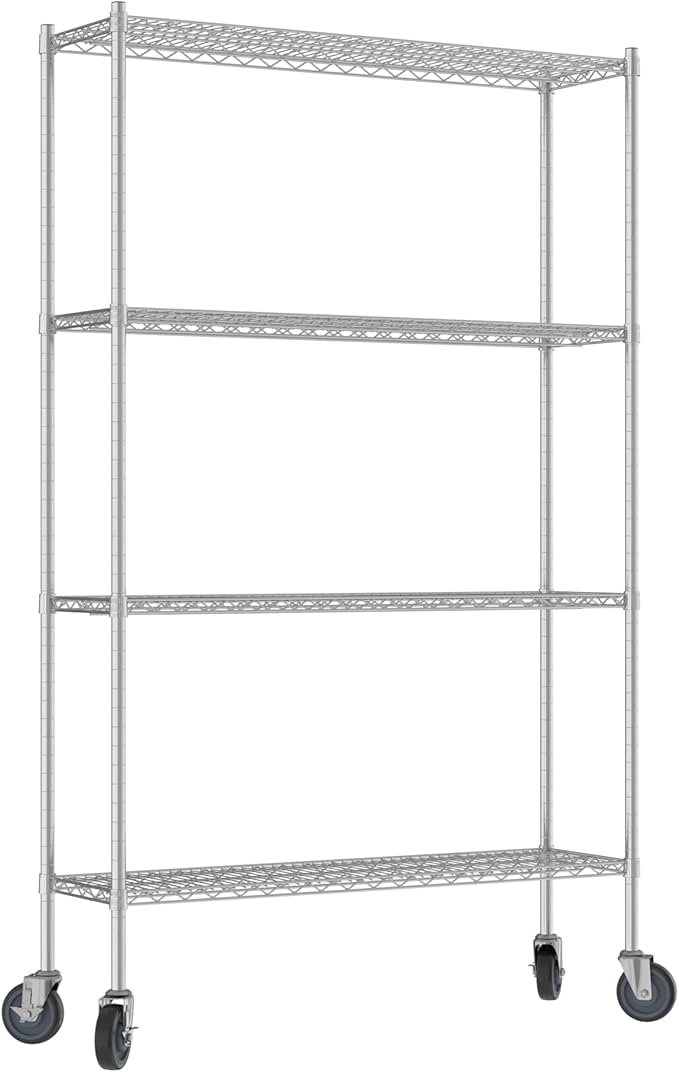 Commercial NSF Listed Chrome Mobile Wire Shelving Kit 14" x 48" x 80", with 4 Shelves Perfect for Warehouse, Walk-in Refrigerator, Freezer, Grocery Store, Restaurant, Dishroom
