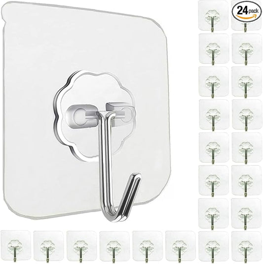 Jwxstore 24 Pack Heavy Duty Self Adhesive Hooks - 33lb Max, Transparent, Waterproof, Sticky Wall Hooks for Keys, Bathroom, Shower, Outdoor, Kitchen, Door, Home Improvement, Utility