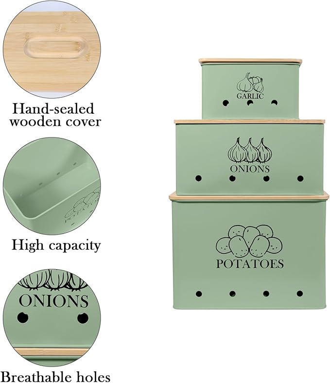 Kitchen Vegetable Storage Tins Set of 3 for Potato Onion & Garlic with Wooden Lid, Kitchen Storage Canisters Set, Long Shelf Life - Green