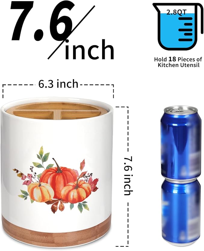 HAPPY KIT 7.6″ Utensil Holder 360° Rotating Utensil Holder Pumpkin Decor for Kitchen Counter with 3 Removable Compartment, Housewarming Gift & Farmhouse Decor