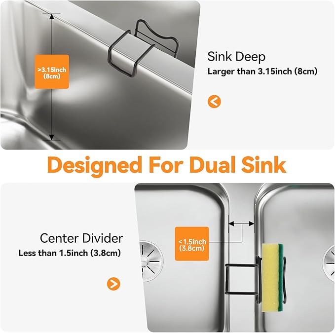 2 Pack Sponge Holder for Kitchen Sink - Movable Hanging Sponge Caddy Organizer, Stainless Steel Caddy in Over Double Bowl Sink for Stopper, Brush