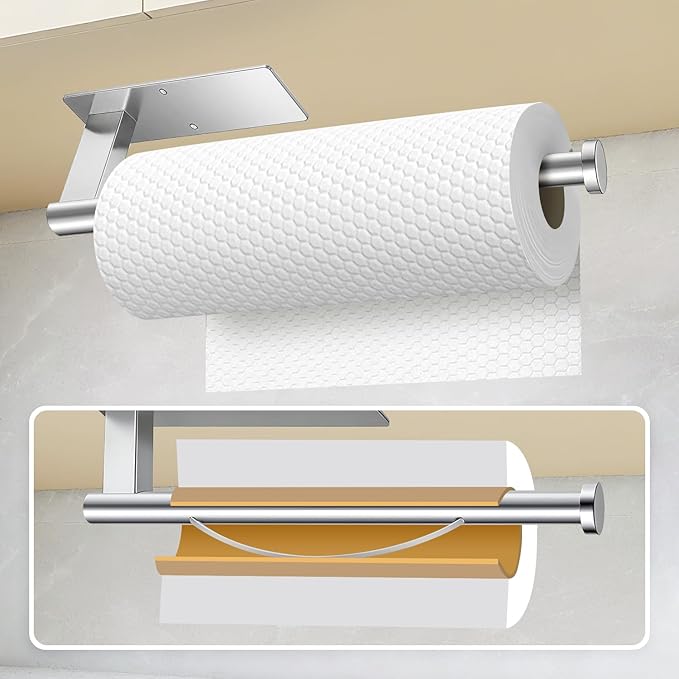 Paper Towel Holder Under Cabinet, Single Hand Operable Tearing Off Paper Towels with Damping Effect, Both Available in Adhesive and Screws, Stainless Steel (Silver)