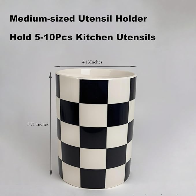 Checkered Utensil Holder, 4.13''x5.71 Utensils Caddy for Kitchen Counter, Medium Size Utensil Crock for Countertop, Utensils Organizer Storage for Parties Dining-Modern black and White
