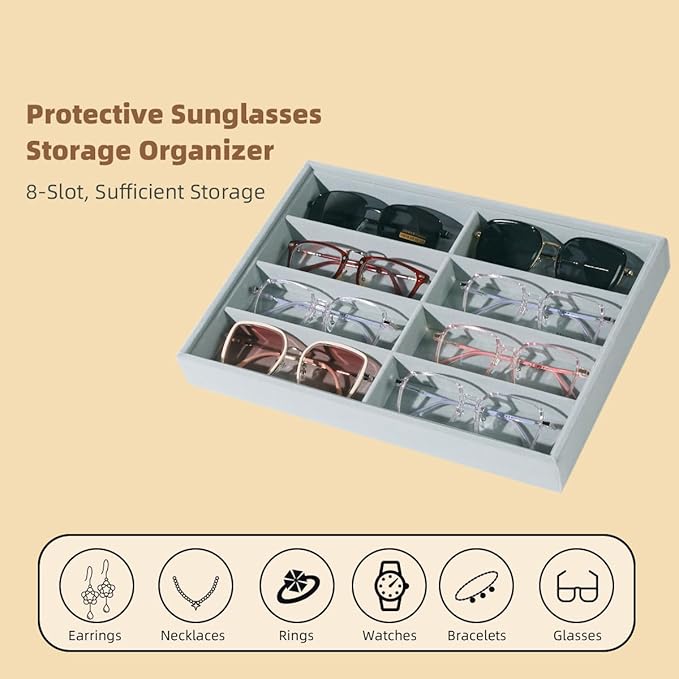 Glasses Holder Box Drawer Sunglass Organizer for Men Clear Wide Storage Case 8 Slots Multiple Reading Glasses Display, Gray Velvet