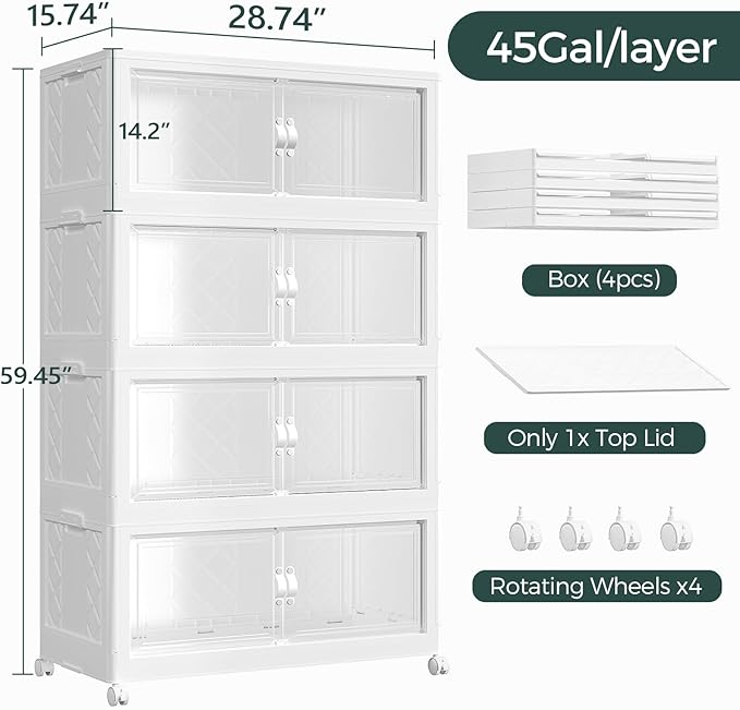 Atrasee 720QT Extra Large Stackable Storage Bins with Lid, 180Gal Collapsible Closet Organizer Box with Wheels, Folding Plastic Storage Cabinet with Doors for Home Bedroom Office Dorm, 4Pack White