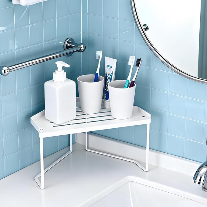 AKAZA 2-Tier White Corner Shelf Organizer, Stackable Metal Kitchen Cabinet Shelf with Non-Slip Mat, Storage Rack for Bathroom, Countertop, Utensils & Cabinet Organization