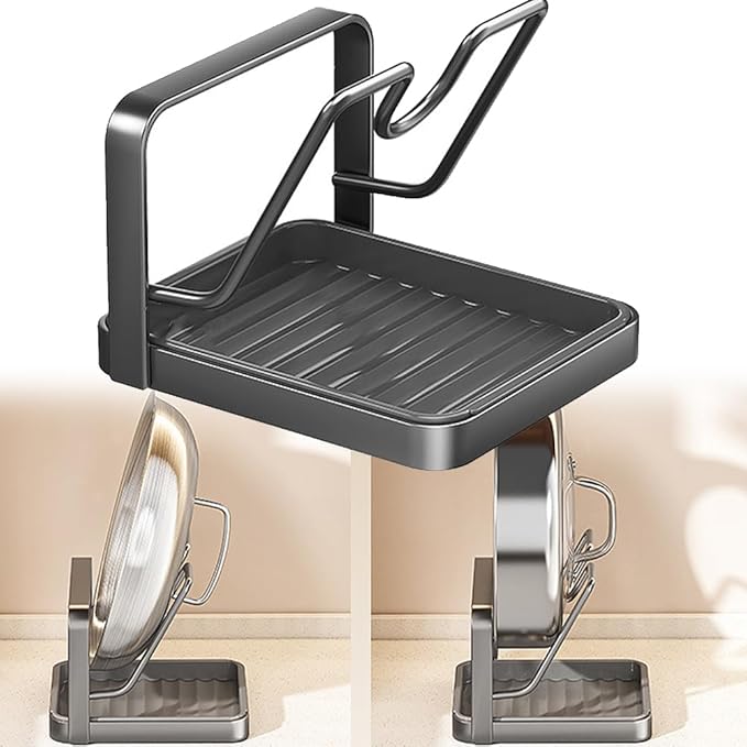 Kitchen Pot Lid Storage Rack,Kitchen Pot Lid Holder Organizer Storage Rack Drip Tray On Counter for Cooking,Multifunctional Utensils Pan Pots Cover Lids Rack Shelf (Gray, Single-layer)