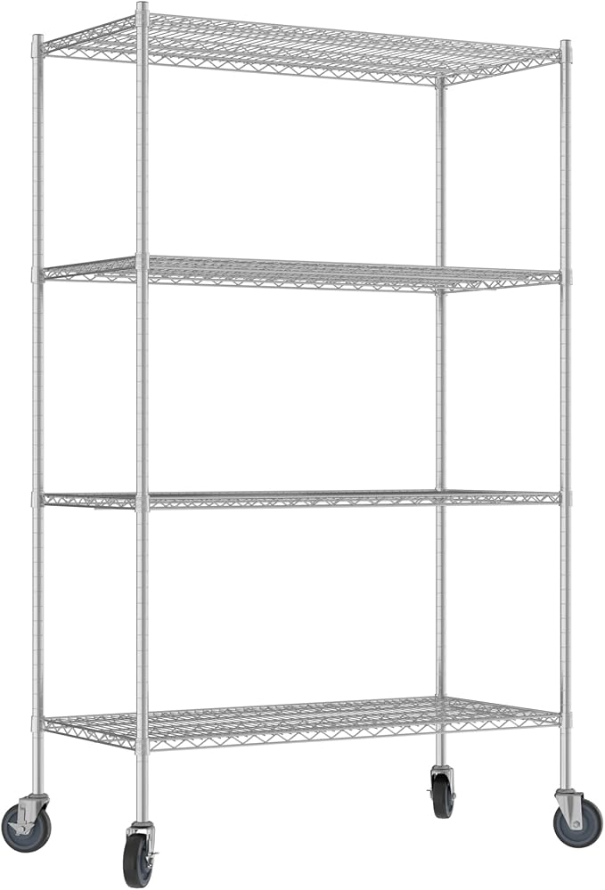 Commercial NSF Listed Chrome Mobile Wire Shelving Kit 24" x 48" x 80", with 4 Shelves Perfect for Warehouse, Walk-in Refrigerator, Freezer, Grocery Store, Restaurant, Dishroom