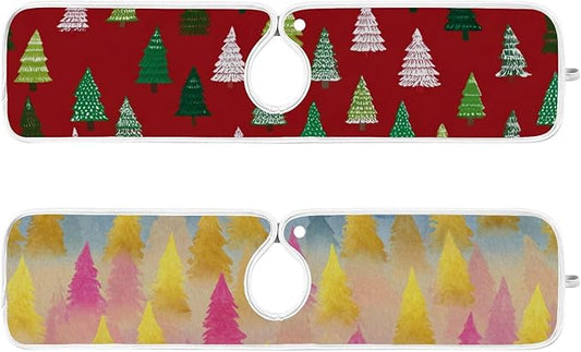 2 PCS Kitchen Sink Splash Guard 23.6 Inch Faucet Mat for Kitchen Sink Bathroom Sink Faucet Absorbing Drip Drain Mat Pad Microfiber Soft Washable Christmas Winter Trees