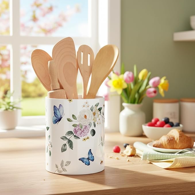 WILLBOND Butterfly Kitchen Decor Acrylic Butterfly Kitchen Utensil Holder Crock Spoon Organizer for Countertop Table Decor Coffee Spoon Holder Jar for Cooking Tools