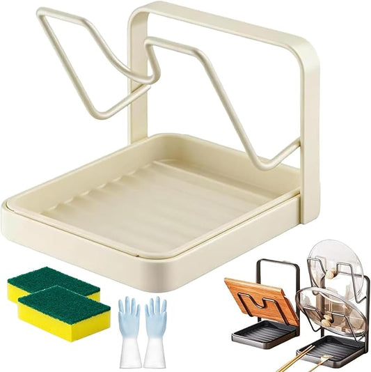 Kitchen Pot Lid Storage Rack, Pot Lid Holder with Drip Tray, Multifunctional Kitchen Organizer Stand with Removable Drip Tray, for Counter Stove Top Accessories (Begie,Single-layer)