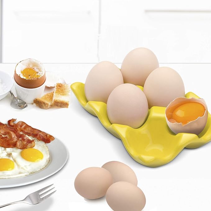 Flexzion Porcelain Egg Crate - 6-Capacity Ceramic Tray, Half Dozen Holder for Fridge, Countertop Display - Yellow Decorative Serving Dish and Storage Organizer, 2 Pack