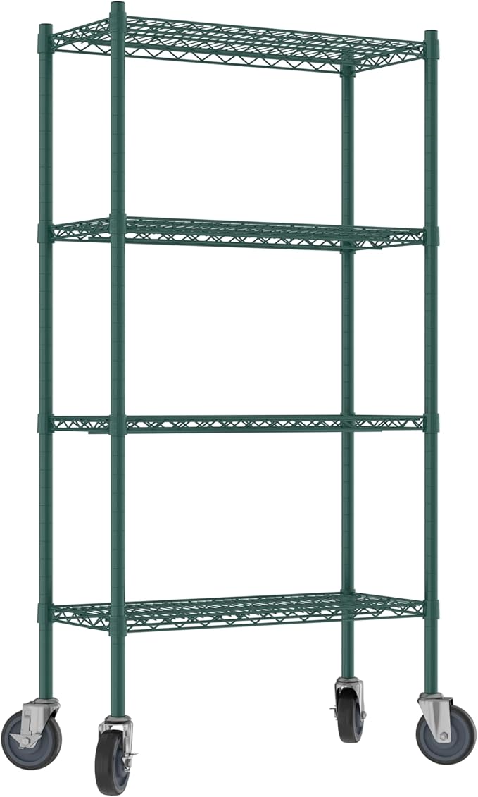 Commercial NSF Listed Green Epoxy Mobile Wire Shelving Kit 14" x 30" x 60", with 4 Shelves Perfect for Warehouse, Walk-in Refrigerator, Freezer, Grocery Store, Restaurant, Dishroom