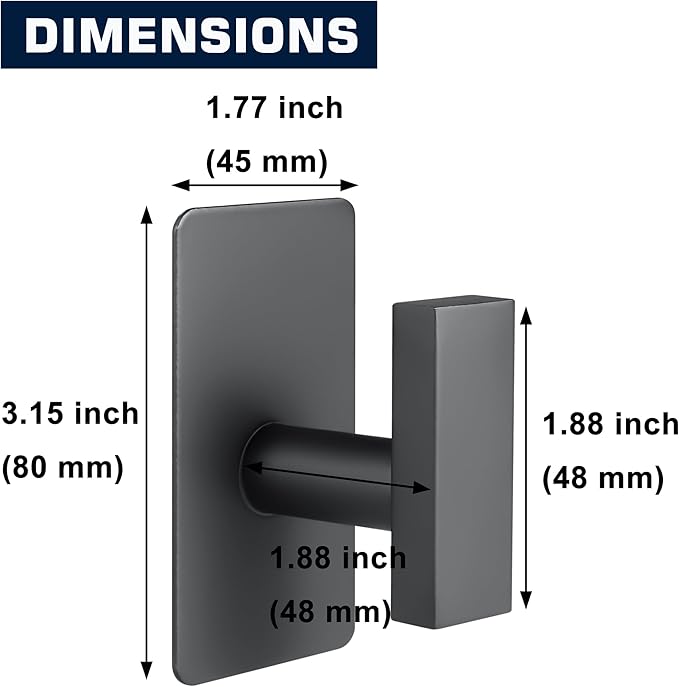 JAAWAN (4-Pack) Matte Black Adhesive Towel Hooks, Stainless Steel Adhesive Wall Hooks for Bathroom Kitchen Hanging Towels, Coats, Robes, Clothes, Hats