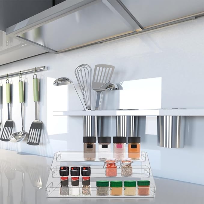 DECHOUS 3-Tier Acrylic Spice Rack Organizer Clear Tiered Spice Rack Seasoning Organizer for Countertop, Cabinet, Pantry, Kitchen Storage, 12x6.3x5.2 Inch