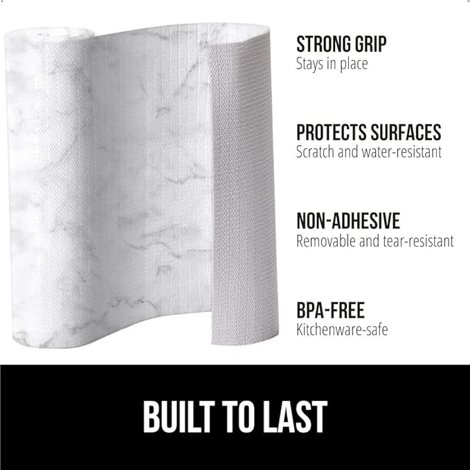 GORILLA GRIP DripGuard Shelf Liner, Non Adhesive Drawer and Kitchen Cabinet Protector, Slip Resistant BPA Free Smooth Surface Plastic Liners for Cabinets, Bathrooms, Closets, 17.5x240 Inch, Marble