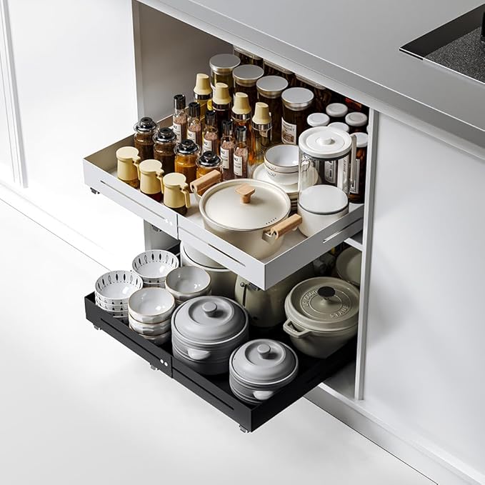 Pull-out Cabinet Organizer,Adjustable Depth(15.7"-24.4") And Width(12.8"-20.5"),3 Silent slides and 2 Support Pulleys,Easy to Assemble and Heavy-Duty Storing slide-out drawer,White