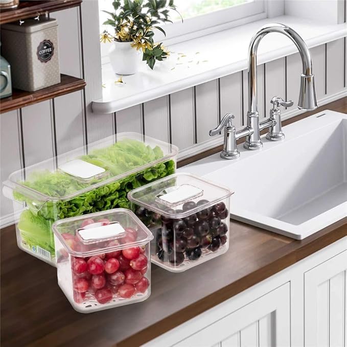 Slideep Fridge Produce Saver Food Storage Bin Containers, Stackable Refrigerator Freezer Organizer Bins with Removable Drain Tray, Fridge Fresh Keeper for Veggie, Berry, Fruits, Vegetables 6 Pack