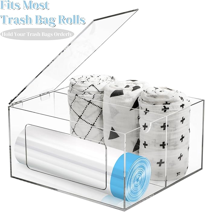 Acrylic Trash Bag Dispenser Holder, 2 in 1 Garbage Bag Roll Holder Under Sink, Standard Grocery Bags Storage Container with Lid, Laundry Storage Organizer Bin for Kitchen, Bathroom, Pantry