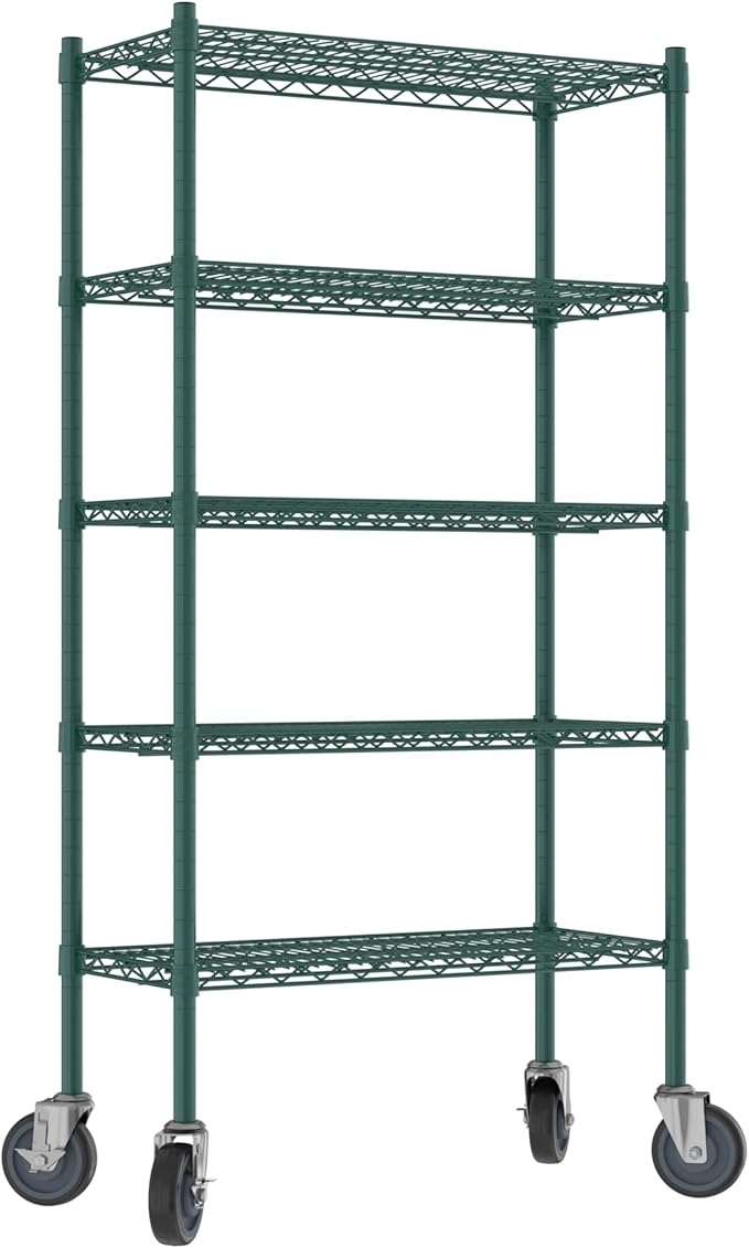 Commercial NSF Listed Green Epoxy Mobile Wire Shelving Kit 14" x 30" x 60", with 5 Shelves Perfect for Warehouse, Walk-in Refrigerator, Freezer, Grocery Store, Restaurant, Dishroom