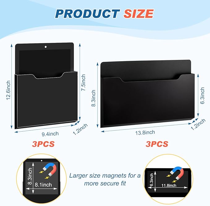 Fuutreo 6 Pcs Magnetic Wall File Organizer Magnetic Wall File Holder Refrigerator Magazine Holder for Mail Letters Paper (Black,8.3 x 13.8 Inch, 12.2 x 9.4 Inch)