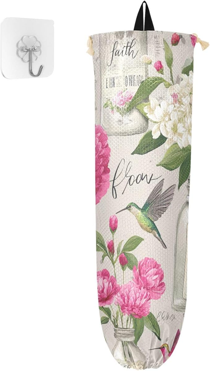 Plastic Bag Holder Wall Mount Grocery Bag Shopping Bag Storage Holder Organizer Dispenser with Adhesive Hook,for Kitchen Bathroom Home Decor 9x22 Inches Vases Flowers Birds Beige17