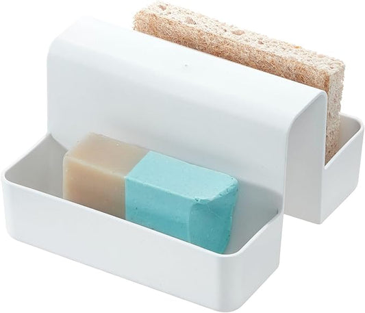 iDesign Sink Saddle Caddy for Kitchen Sink - Sink Saddle for Double Sink with Sponge Holder - White