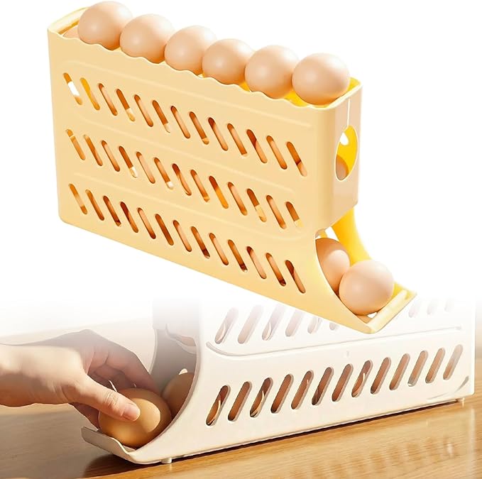 2026 Egg Holder for Fridge, Upgraded 4 Tiers Automatic Rolling Egg Dispenser, No Assembly Required Easy Access, Save Space for Refrigerator Holds up to 30 pcs (Yellow)
