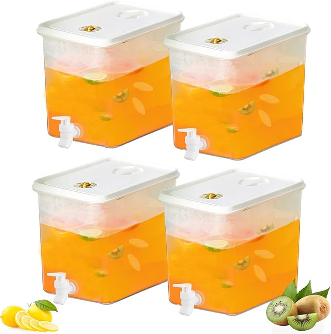 Beverage Drink Dispenser for Fridge, Plastic Beverage Dispenser with Spigot，Juice Container Sealed with Filter Screen，Cold Hot Drink Jug for Christmas Party Supplies (4PCS 2 Gallon)