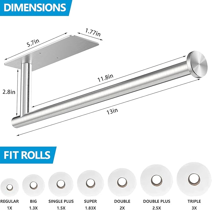 Paper Towel Holder Under Cabinet, Self Adhesive Paper Towel Roll Holder Stick on Wall, Stainless Steel Paper Towel Rack for Kitchen, Bathroom, RV