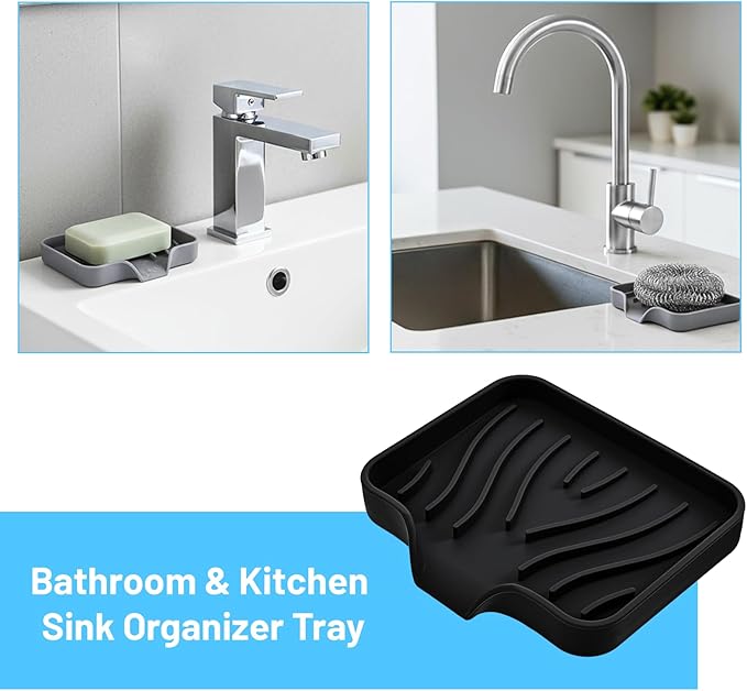 Grevosea Kitchen Sink Sponge Holder, Silicone Dish Sponge Holder with Drain Spout Soap Dish Tray for Shower Bathroom Scrubbers Kitchen Sink Organizer Accessories (Black)