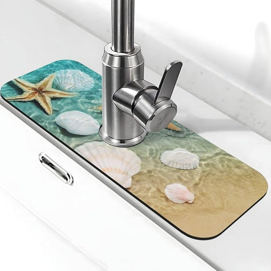 Sea Shells Star Fish Ocean Beach Tide Pool Kitchen Sink Splash Guard Faucet Mat 1 Pcs, Absorbent Fast Drying Mat Gadgets Splash Guard For Bathroom 15 X 5.5 Inches