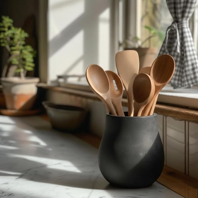 JIEMEI HOME Kitchen Utensil Holder, 6.61" Ceramic Rustic Utensil Crock for Countertop, Farmhouse Cooking Tool Organizer, Spatula Holder For Kitchen Decor, Black Bronze