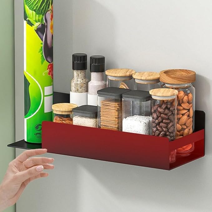 Magnetic Spice Rack with Paper Towel Holder for Fridge Mounting, Metal Shelf Organizer for Kitchen Storage of Spices, Snacks, and Cooking Tools