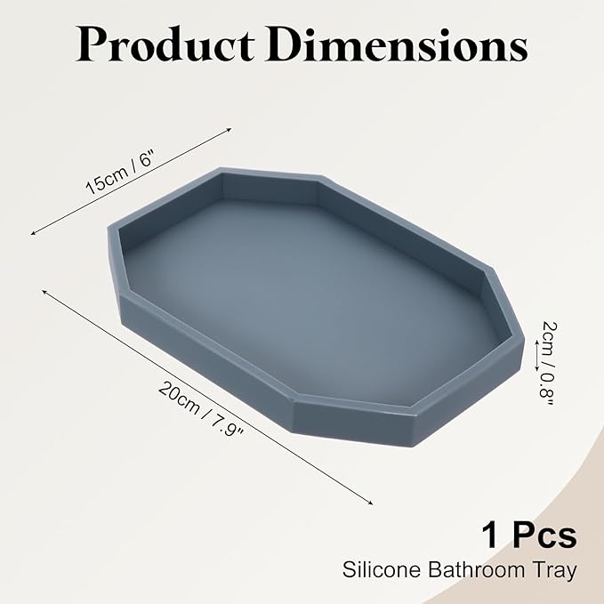 uxcell Bathroom Vanity Tray, 7.9" x 6" Octagon Silicone Soap Dispenser Trays, Shatterproof Kitchen Sink Organizer for Soaps Keys Candle Trinket, Gray