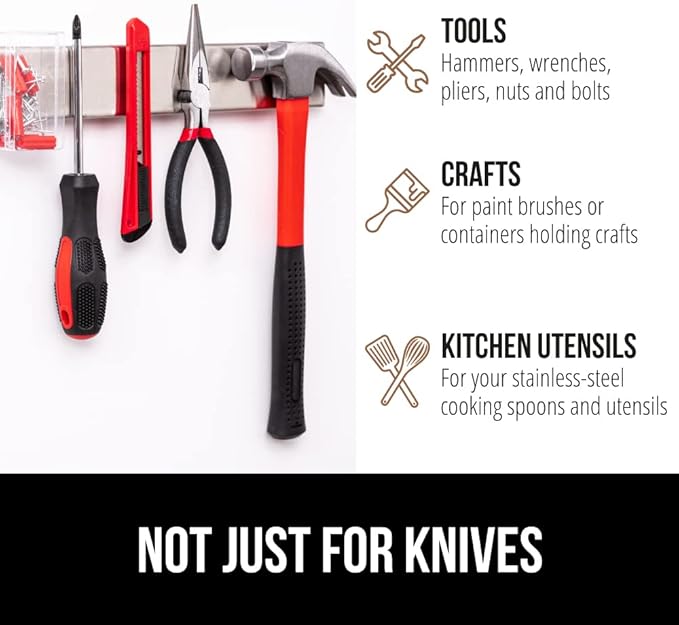 GORILLA GRIP Stainless Steel Magnetic Knife Holder for Wall, 24 in, Magnet Bar for Knives, Tools, Supplies, Heavy Duty Metal Strip Holds Up to 6 lbs, Kitchen Organizer, Non-Adhesive, Drilling Required