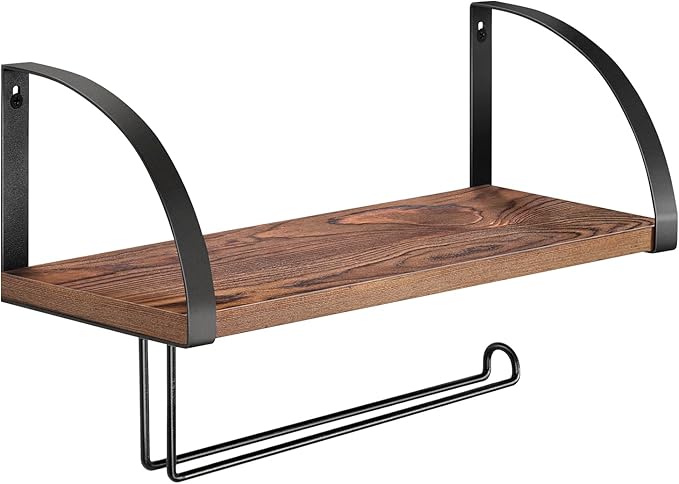 BTY Paper Towel Holder Wall Mount Farmhouse Wood Paper Towel Holder with Shelf Hanging Paper Towel Roll Rack Under Cabinet Spice Rack for Kitchen Bathroom Organizer Rustic Brown
