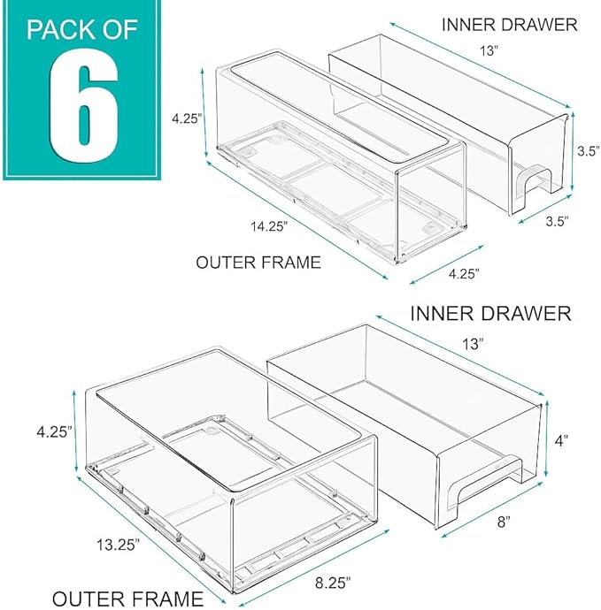 Sorbus Fridge Drawers - Clear Stackable Pull Out Refrigerator Organizer Bins - Food Storage Containers for Kitchen, Freezer, Vanity & Fridge (6 Pack | 1 Medium, 2 Small Stackable Drawer Bins)
