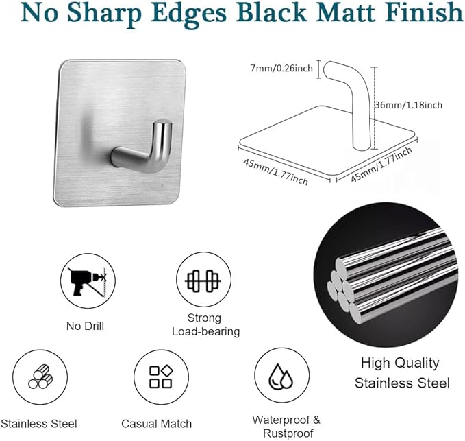 EDMILE Adhesive Towel Hooks, 8 Pack Self Adhesive Coat Sticky Hooks for Hanging, Stainless Steel Stick on Wall Hat Hook, Bathrooms Kitchen Livingroom Garage, Silver