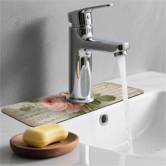 Kitchen Sink Splash Guard，Notes and pink roses Faucet Mat Sink Gadgets-Super Absorbent Fast Drying Mat Drip Catcher for Kitchen, Bathroom,Sink Mat, Dish Drying Mat, Bathroom(15" X 5.5" )