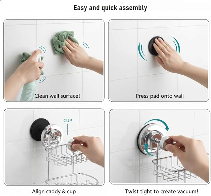 Soap Dish for Shower Suction Cup Powerful Vacuum System Rustproof 304 Stainless Steel Basket Sponges Holder with Razor Hooks for Bathroom or Kitchen Soap Holder, 2 Tier (Silver)