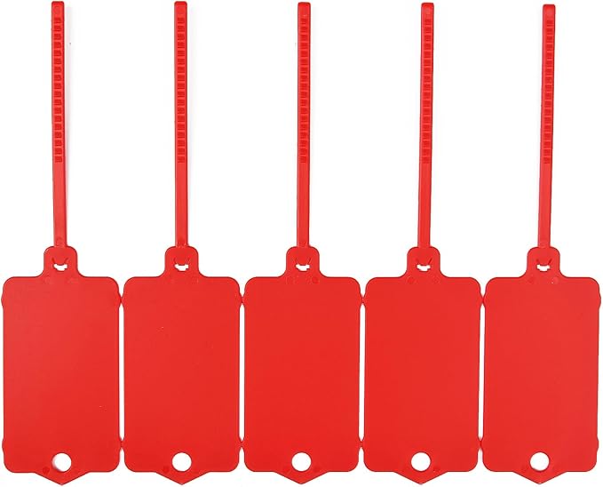 LeadSeals 100pcs Blank Plastic Tags for Labeling Reusable Hanging Tags Ties Key Tag Storage Labels Waterproof Plastic Mark Label Writable Hang Sign with One Marker Pen (Red)