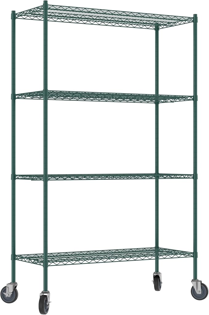 Commercial NSF Listed Green Epoxy Mobile Wire Shelving Kit 21" x 48" x 80", with 4 Shelves Perfect for Warehouse, Walk-in Refrigerator, Freezer, Grocery Store, Restaurant, Dishroom