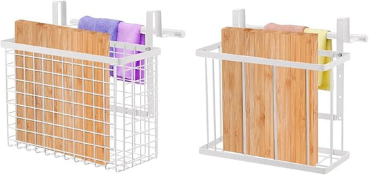 uxcell 2 Pack Cabinet Door Organizer, Cutting Board Organizer with Towel Bar, Metal Wire Baskets with Hooks, Over Cabinet Door Organizer for Kitchen, Pantry Bathroom Storage, White