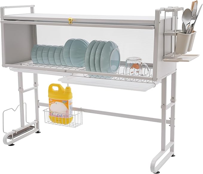 Over The Sink Dish Drying Rack, 3-Tier Kitchen Dish Drainer Rack Height Adjustable Dishware Holder Utensil Organizer Metal Storage Shelf for Countertop