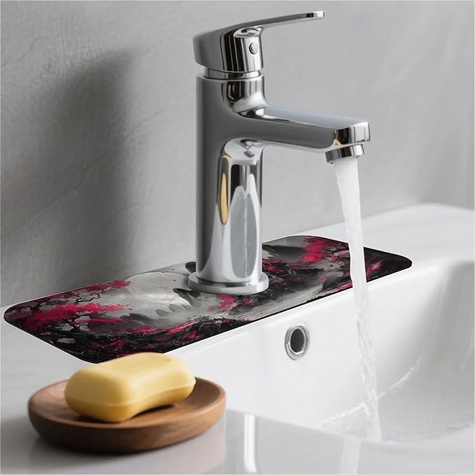 Kitchen Sink Splash Guard，Night mountain temple Faucet Mat Sink Gadgets-Super Absorbent Fast Drying Mat Drip Catcher for Kitchen, Bathroom,Sink Mat, Dish Drying Mat, Bathroom(15" X 5.5" )