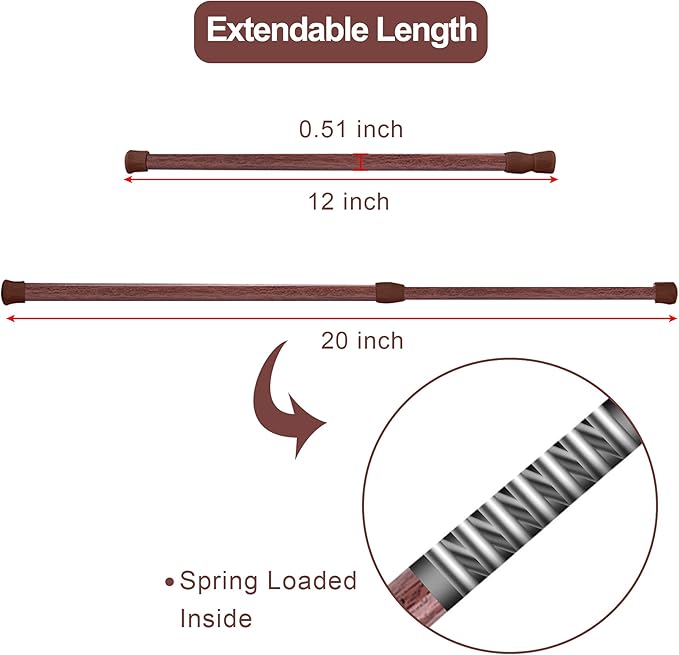 SIQUK 6 Pack Cupboard Bars Adjustable Spring Tension Rods Wood Grain Refrigerator Bar Extendable Rods for DIY Projects, 12 to 20 Inches